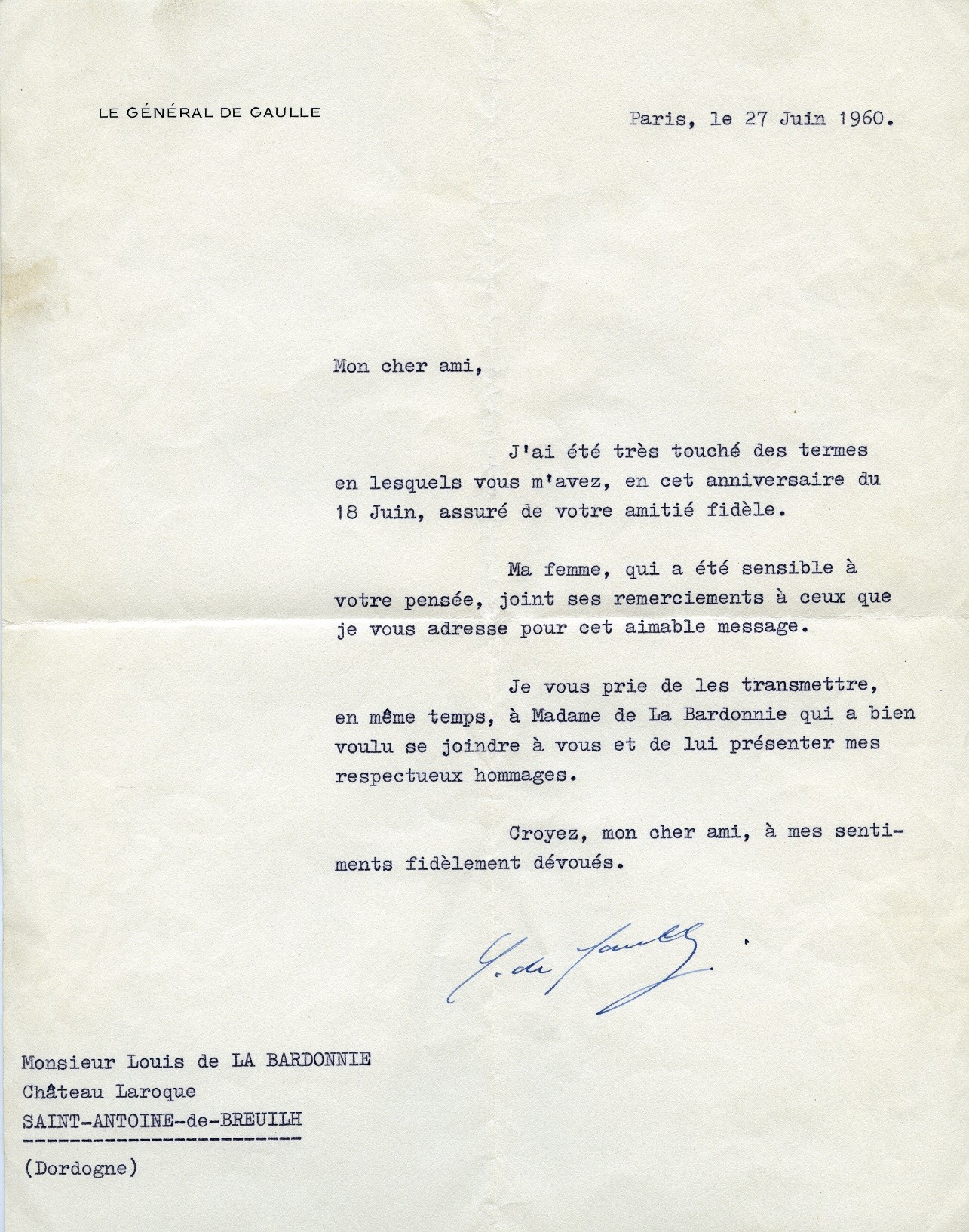 Lettre De Gaulle juin 1950